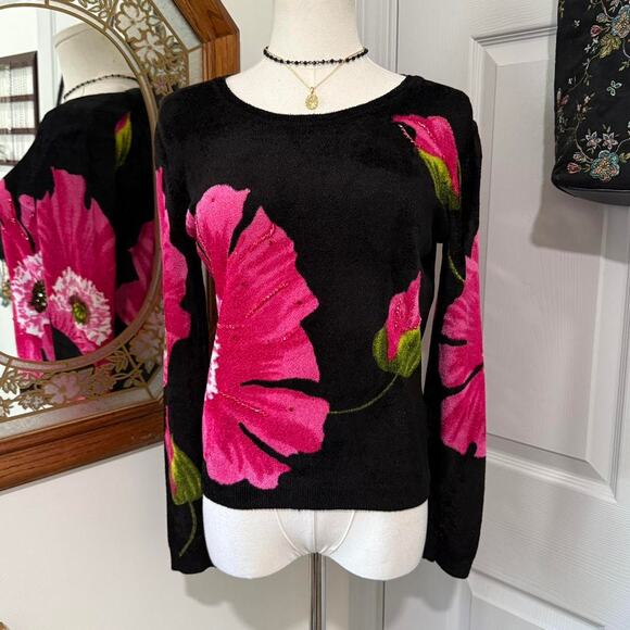 Y2K Elizabeth NY Black & Pink Floral Graphic Beaded Rhinestone Fuzzy Sweater M - Picture 3 of 8